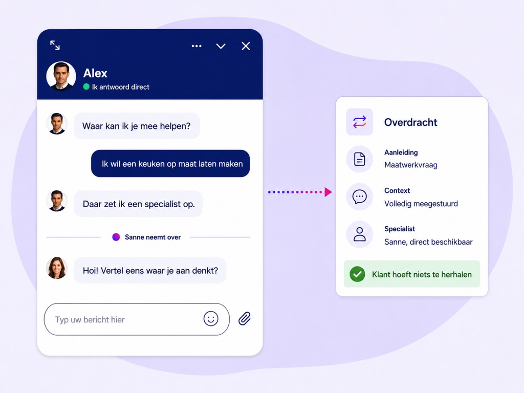 Chatgesprek waarin de AI een specialist inschakelt, met een overdrachtskaart die aanleiding, volledige context en de beschikbare specialist toont.