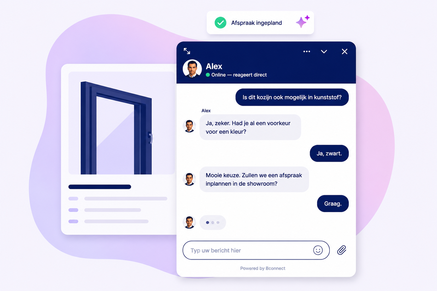 Productvraag in een chatgesprek die uitmondt in een afspraak in de showroom