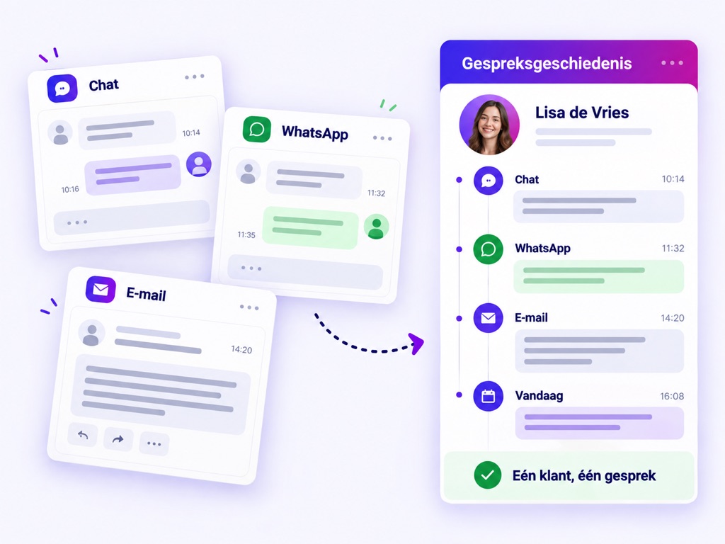 Chat, WhatsApp en e-mail van één klant samengebracht in één gespreksgeschiedenis