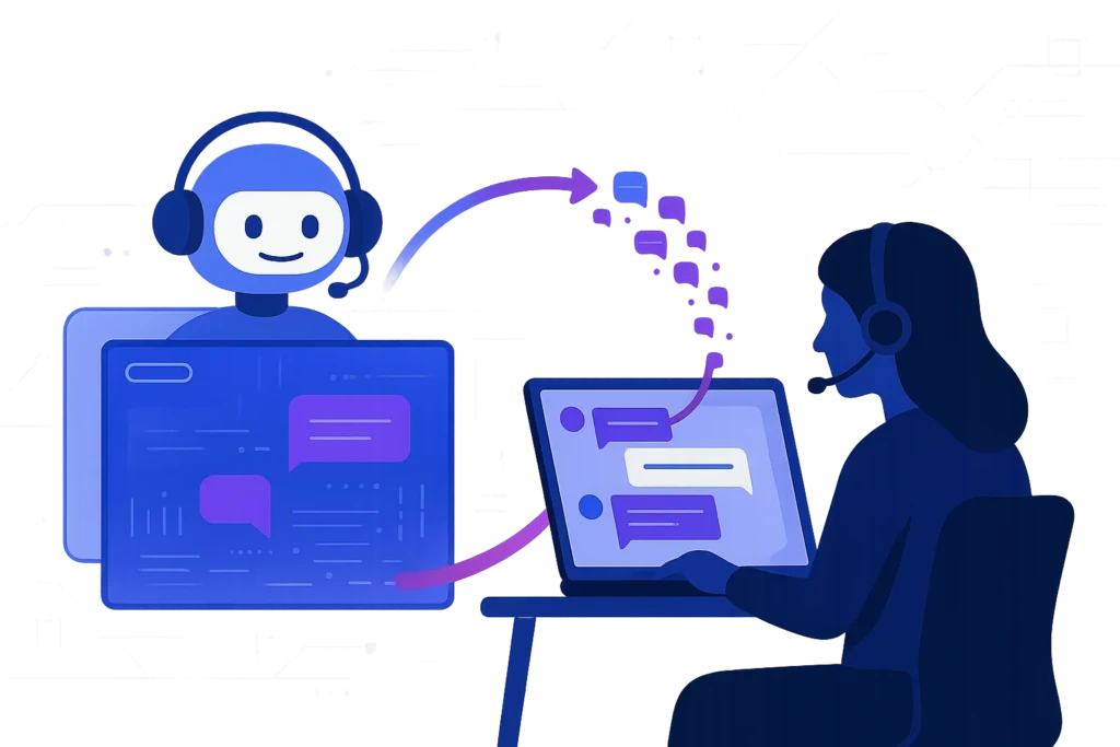 AI-chat en menselijke medewerker die samenwerken binnen een hybride live chatomgeving