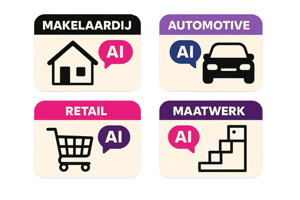 overzicht van verschillende sectoren die profiteren van zakelijke chatoplossingen. Makelaardij, automotive, retail en maatwerk