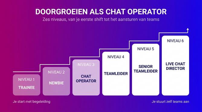 De zes niveaus waarin een chat operator kan doorgroeien, van trainee tot live chat director