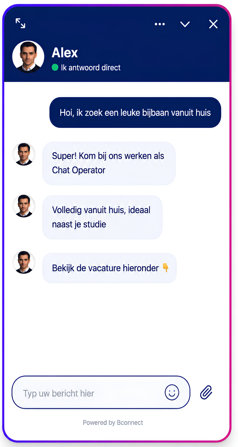 Student die als Chat Operator van Bconnect vanuit huis met websitebezoekers chat